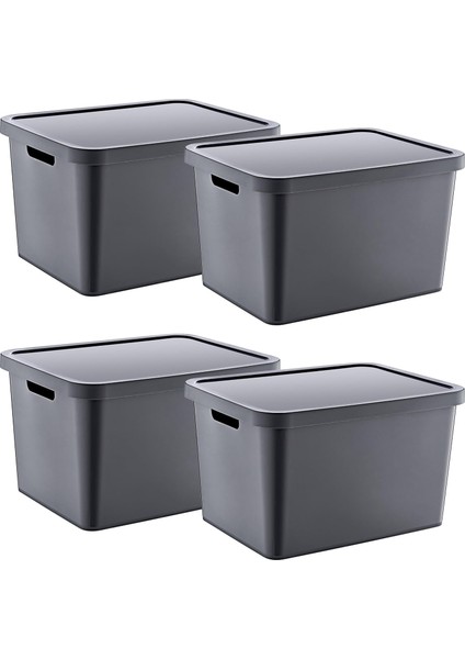 4&apos;lü Set Stafi Çok Amaçlı Kapaklı Kutu 18 Lt - Antrasit, Çok Amaçlı Kapaklı Kutu, Ev-Ofis-Depo Için, Kapaklı Saklama Kutusu
