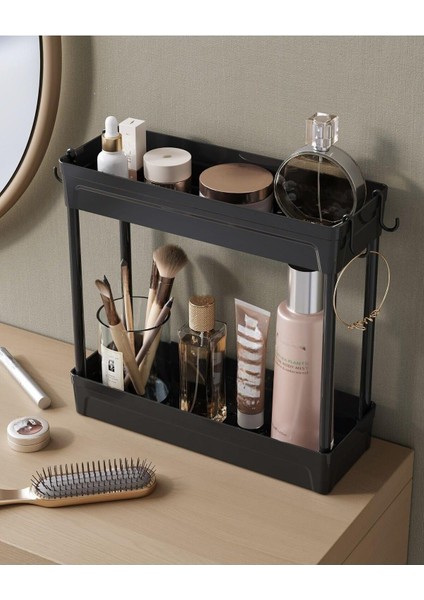 Rafata Makyaj,takı ve Bakım Ürünleri Organizeri Rafı Iki Katlı Askılı Kozmetik Düzenleyici, Siyah
