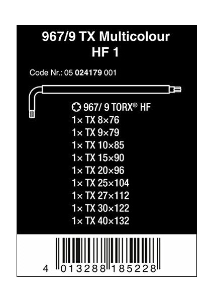 05024179001 967/9 Tx 9 Parça Tutma Işlevli Renkli Siyah Kaplama Torx L-Anahtar Seti modelleri