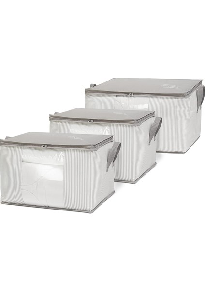 Textile 3&apos;lü Pvc Pencereli Stuff & Things Gri Çizgili Hurç Set