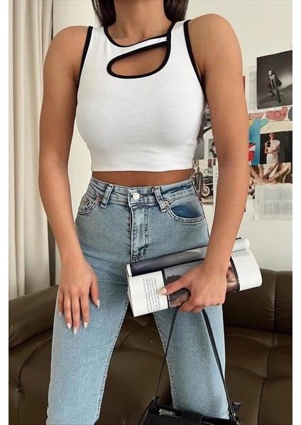 Mtxdpn Pencereli Kaşkorse Crop Beyaz (Beden: S)