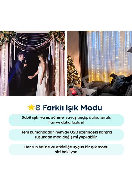 3x3 Metre Peri LED Kumandalı Perde Asma Kancalı Peri LED Yılbaşı LED Gün Işığı LED Işık 8 Modlu Parti Işığı Dekoratif Işık LED Saçak LED Işık Perde LED Yılbaşı Dekorasyon