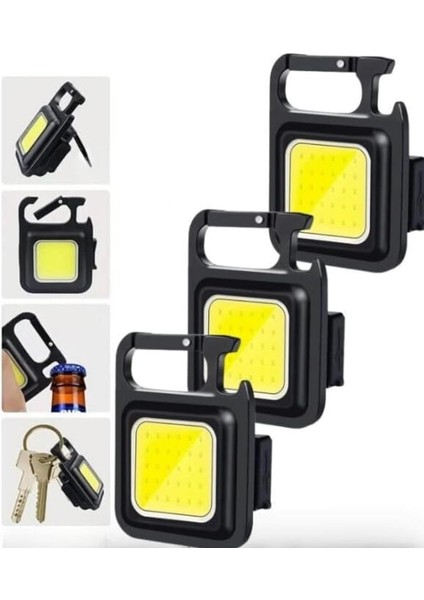3 Adet LED Anahtarlıklı Metal Kasa El Şişe Açacağı Usb’li Şarj Edilebilir Cep Boy Cob 800MAH