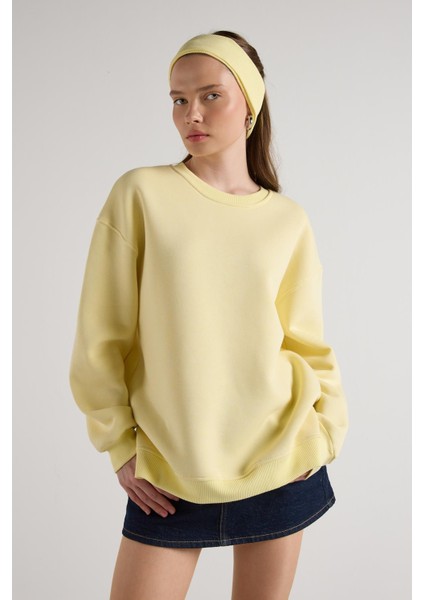 Kadın Sarı Basic Yırtmaçlı Oversize 3 Iplik Şardonlu Sweatshirts 30078