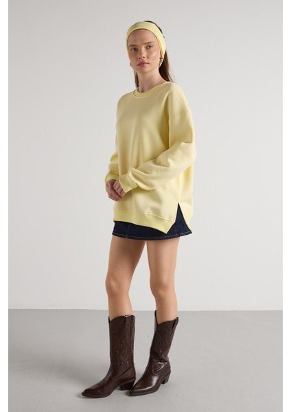 Kadın Sarı Basic Yırtmaçlı Oversize 3 Iplik Şardonlu Sweatshirts 30078 modelleri