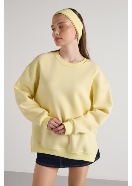 Kadın Sarı Basic Yırtmaçlı Oversize 3 Iplik Şardonlu Sweatshirts 30078 indirimleri