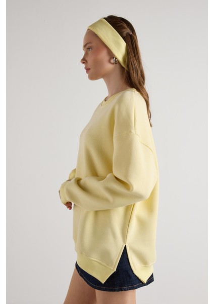 Kadın Sarı Basic Yırtmaçlı Oversize 3 Iplik Şardonlu Sweatshirts 30078