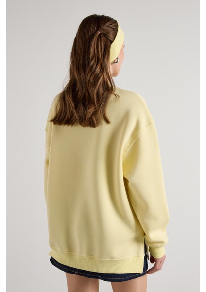 Kadın Sarı Basic Yırtmaçlı Oversize 3 Iplik Şardonlu Sweatshirts 30078