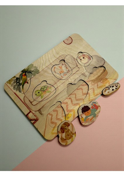 Evcil Dostlar, Ahşap Çocuk Puzzle, Renkli Evcil Hayvan Temalı Yapboz, Bul Tak Bulmaca, 7 Parça fırsatları