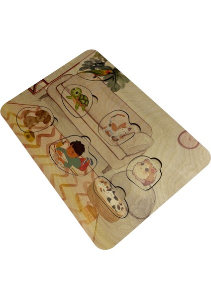 Evcil Dostlar, Ahşap Çocuk Puzzle, Renkli Evcil Hayvan Temalı Yapboz, Bul Tak Bulmaca, 7 Parça