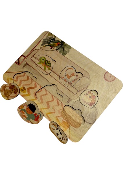 Evcil Dostlar, Ahşap Çocuk Puzzle, Renkli Evcil Hayvan Temalı Yapboz, Bul Tak Bulmaca, 7 Parça