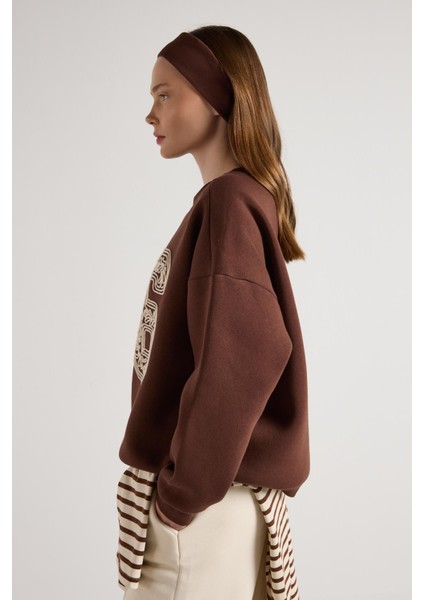 Nakışlı 3 Iplik Şardonlu Sweatshirt Kahve indirimleri