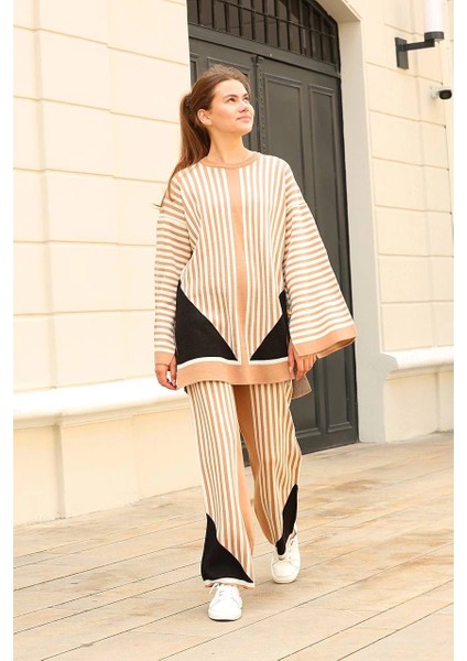 Mtxdpn Çizgili Bisiklet Yaka Triko Takım Vizon (Beden: Standart) fırsatları