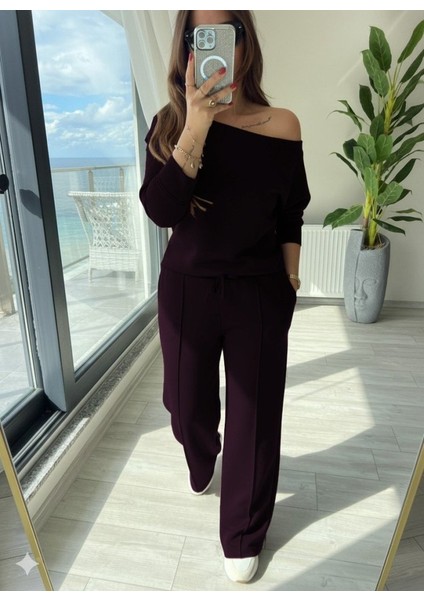 Kadın Uzun Kollu Tek Omuzdan Açık Modal Bluz ve Pantolon Ikili Mürdüm Takım
