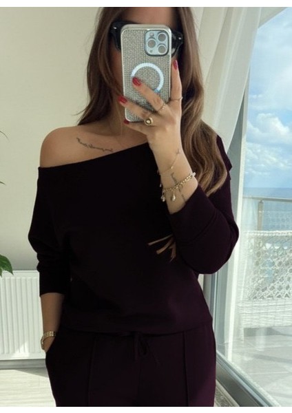 Kadın Uzun Kollu Tek Omuzdan Açık Modal Bluz ve Pantolon Ikili Mürdüm Takım modelleri