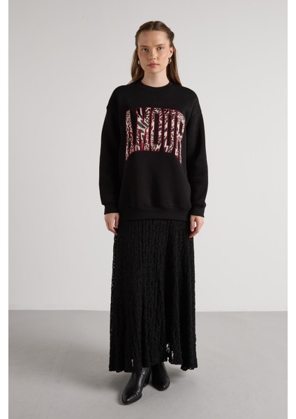 Leopar Nakışlı 3 Iplik Şardonlu Sweatshirt Siyah