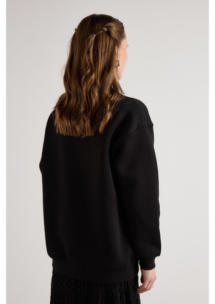 Leopar Nakışlı 3 Iplik Şardonlu Sweatshirt Siyah modelleri