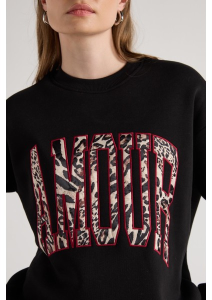 Leopar Nakışlı 3 Iplik Şardonlu Sweatshirt Siyah fırsatları
