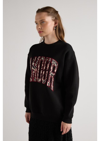 Leopar Nakışlı 3 Iplik Şardonlu Sweatshirt Siyah indirimleri