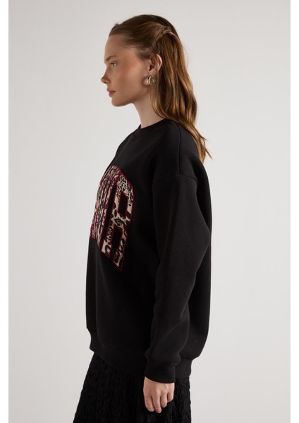 Leopar Nakışlı 3 Iplik Şardonlu Sweatshirt Siyah