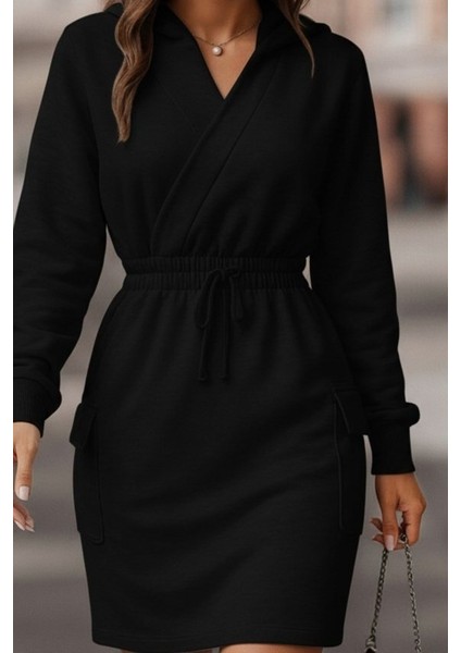 Kadın Uzun Kollu V Yakalı Kapşonlu Cep Detaylı Şardonlu Iki Iplik Kısa Elbise fiyatları