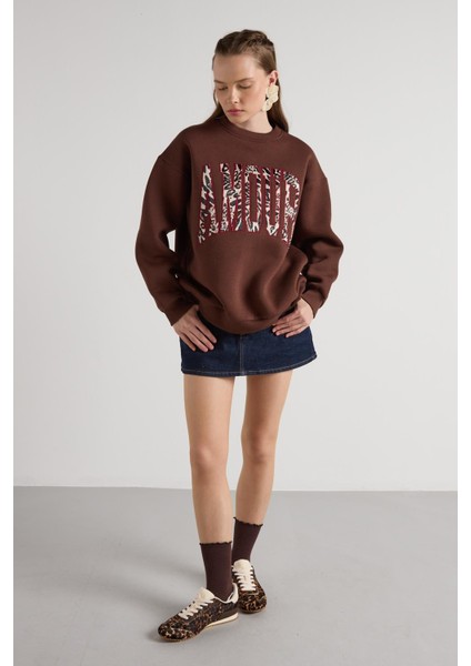 Leopar Nakışlı 3 Iplik Şardonlu Sweatshirt Kahve