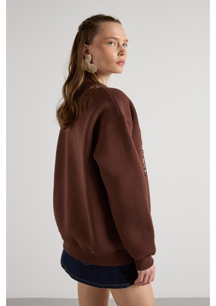 Leopar Nakışlı 3 Iplik Şardonlu Sweatshirt Kahve modelleri