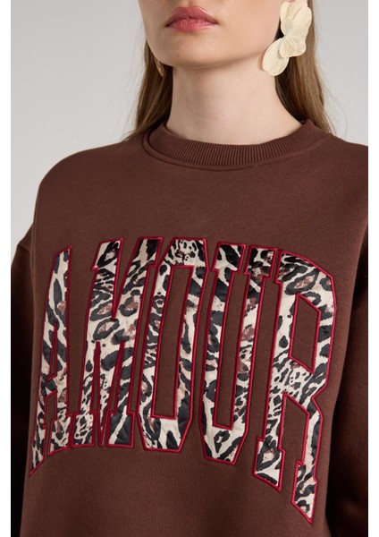 Leopar Nakışlı 3 Iplik Şardonlu Sweatshirt Kahve fırsatları