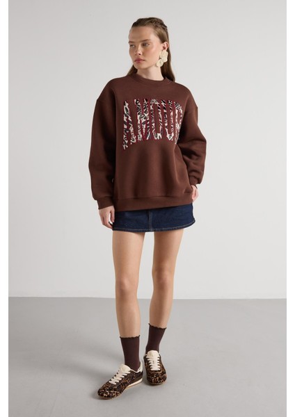 Leopar Nakışlı 3 Iplik Şardonlu Sweatshirt Kahve indirimleri