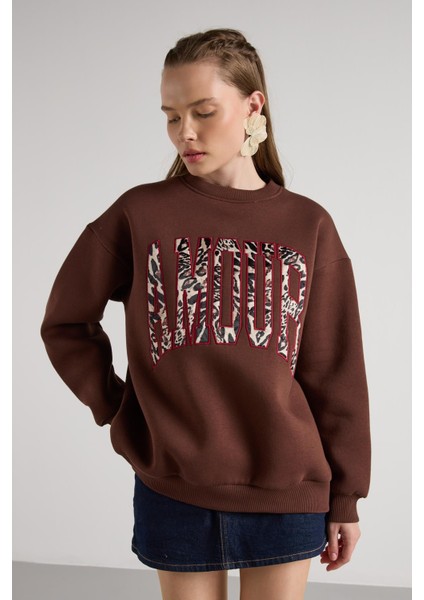 Leopar Nakışlı 3 Iplik Şardonlu Sweatshirt Kahve