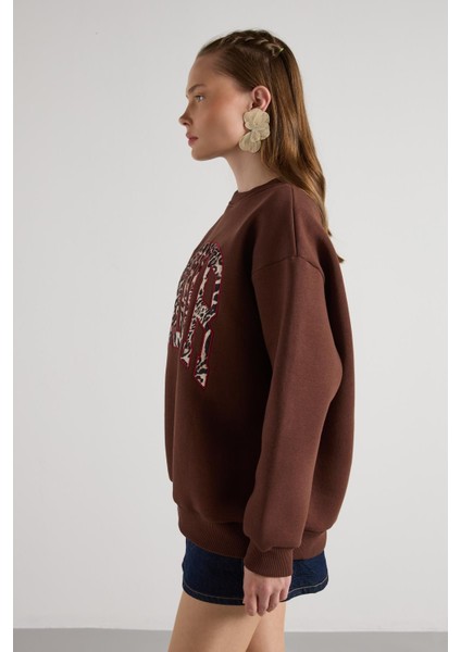 Leopar Nakışlı 3 Iplik Şardonlu Sweatshirt Kahve