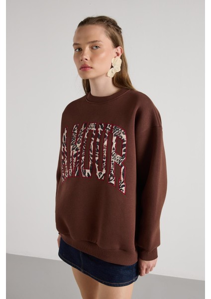 Leopar Nakışlı 3 Iplik Şardonlu Sweatshirt Kahve