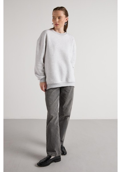 Kadın Gri Melanj Basic Yırtmaçlı Oversize 3 Iplik Şardonlu Sweatshirts 30078 modelleri