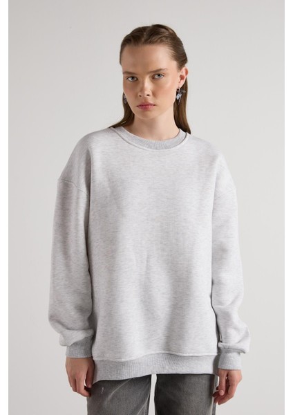 Kadın Gri Melanj Basic Yırtmaçlı Oversize 3 Iplik Şardonlu Sweatshirts 30078 fırsatları