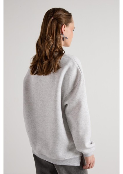 Kadın Gri Melanj Basic Yırtmaçlı Oversize 3 Iplik Şardonlu Sweatshirts 30078