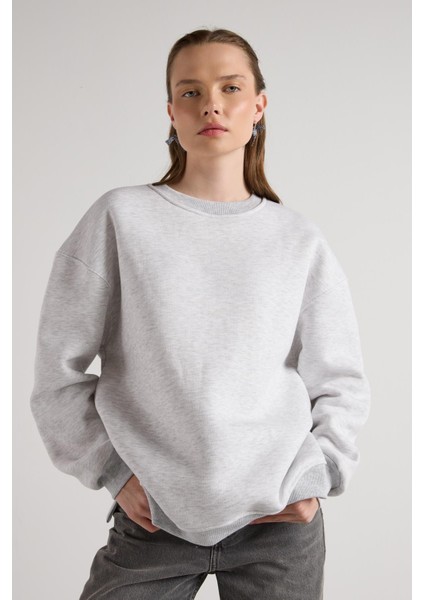 Kadın Gri Melanj Basic Yırtmaçlı Oversize 3 Iplik Şardonlu Sweatshirts 30078