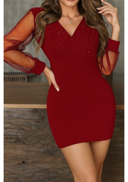 Kadın Uzun Kollu Kruvaze Yakalı Taşlı Mini Ithal Krep Elbise modelleri