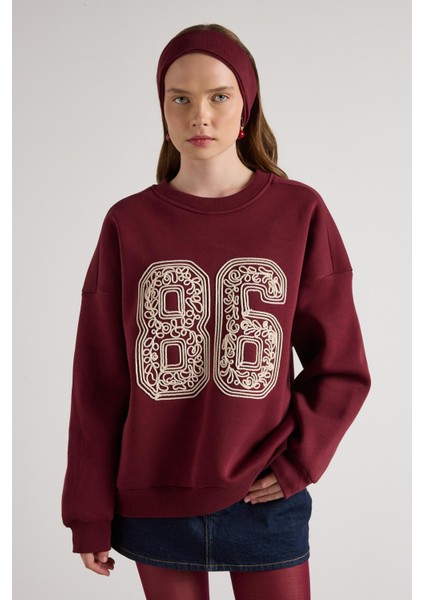 Nakışlı 3 Iplik Şardonlu Sweatshirt Bordo fiyatları