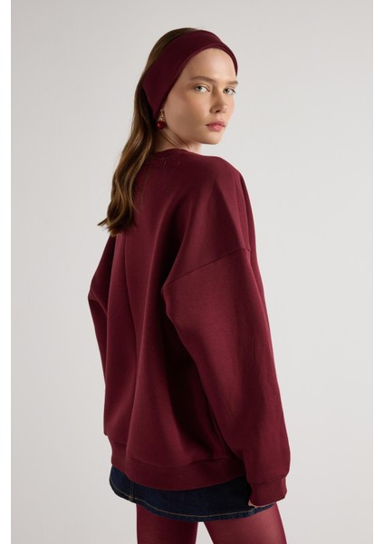 Nakışlı 3 Iplik Şardonlu Sweatshirt Bordo modelleri