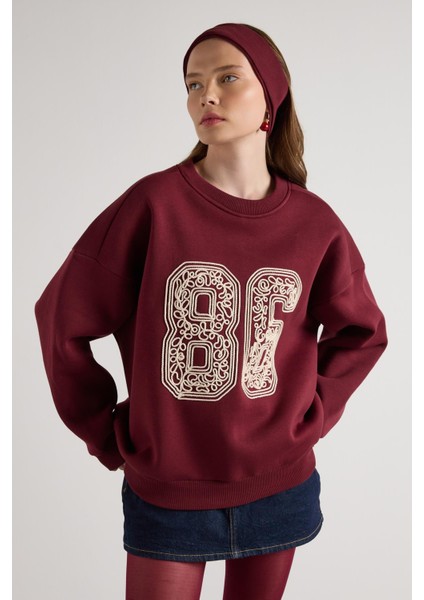 Nakışlı 3 Iplik Şardonlu Sweatshirt Bordo fırsatları