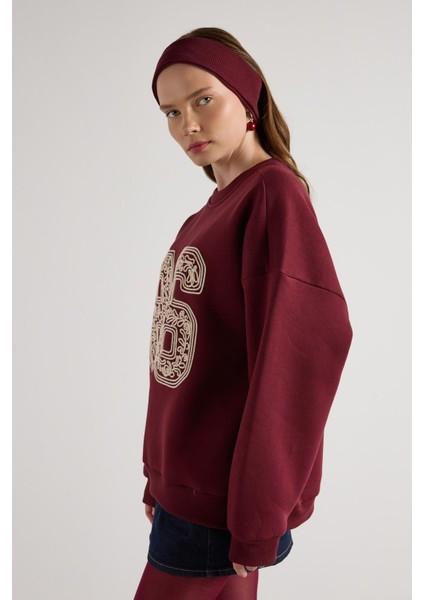 Nakışlı 3 Iplik Şardonlu Sweatshirt Bordo indirimleri