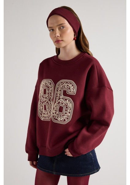 Nakışlı 3 Iplik Şardonlu Sweatshirt Bordo