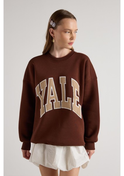 Kadın Kahve Nakışlı Şardonlu Oversize Sweatshirt 30080