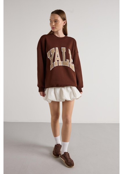 Kadın Kahve Nakışlı Şardonlu Oversize Sweatshirt 30080 fiyatları
