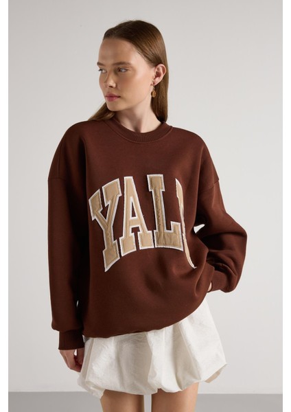 Kadın Kahve Nakışlı Şardonlu Oversize Sweatshirt 30080