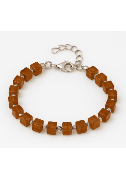 Gümüş Renk Metal Zincirli Dorika Top Süsleme Küp Kesim Bal Rengi Doğal Damla Kehribar Erkek Bileklik