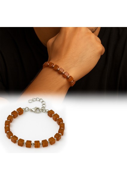 Gümüş Renk Metal Zincirli Dorika Top Süsleme Küp Kesim Bal Rengi Doğal Damla Kehribar Erkek Bileklik fiyatları