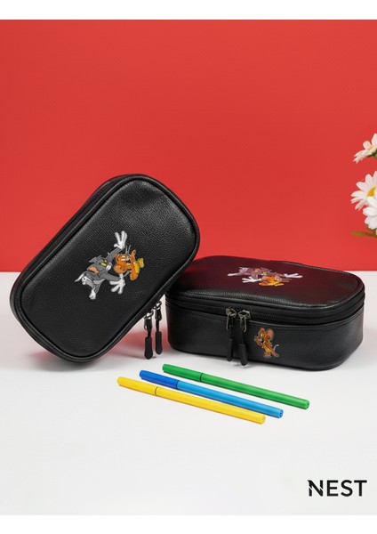 Tom ve Jerry Baskılı Suni Deri Lüks Siyah Kalem Kutusu Kalemlik Kırtasiye Okul