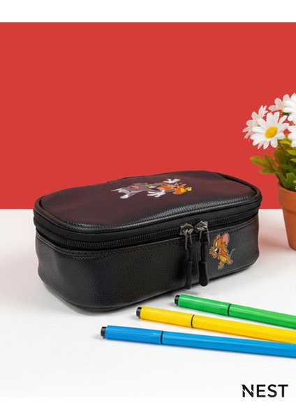 Tom ve Jerry Baskılı Suni Deri Lüks Siyah Kalem Kutusu Kalemlik Kırtasiye Okul modelleri