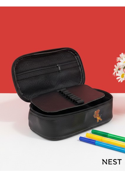 Tom ve Jerry Baskılı Suni Deri Lüks Siyah Kalem Kutusu Kalemlik Kırtasiye Okul fırsatları